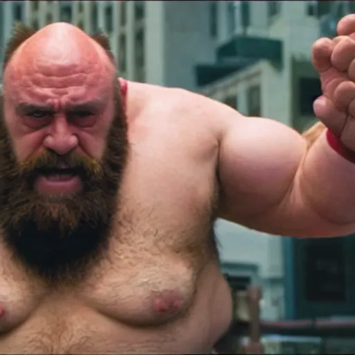 Image similar to movie still of Danny DeVito starring as zangief in the 2026 live action street fighter movie