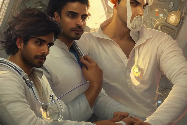 Prompt: Pensive good looking pale young Indian doctors wearing jeans in a space station above Earth, portrait, elegant, intricate, digital painting, artstation, concept art, smooth, sharp focus, illustration, art by artgerm and greg rutkowski and alphonse mucha