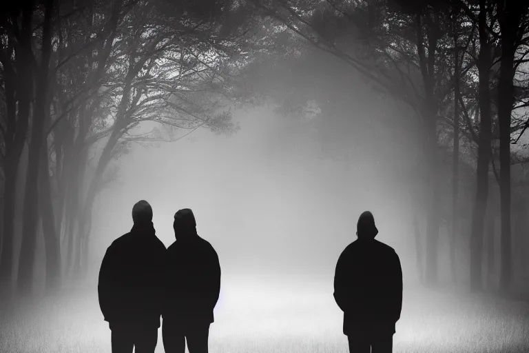 Image similar to a cinematic headshot portrait of a pair of twin middle aged males stood in a fog filled field, ultra realistic, depth, beautiful lighting