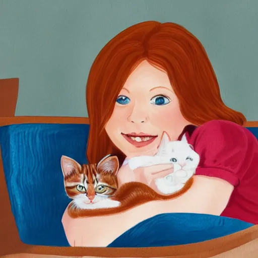 Image similar to young freckled smiling pretty redhead girl is holding a kitten while watching tv, depicted for a children's book, in the style of claudia gadotti and katie risor