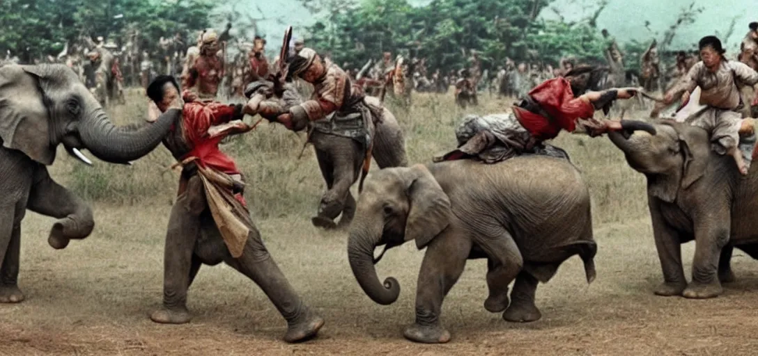 Prompt: the elephant battle, elephant duel scene, king naresuan versus crown prince mingyi swa, a colorized photo, colorized, # film, movie still