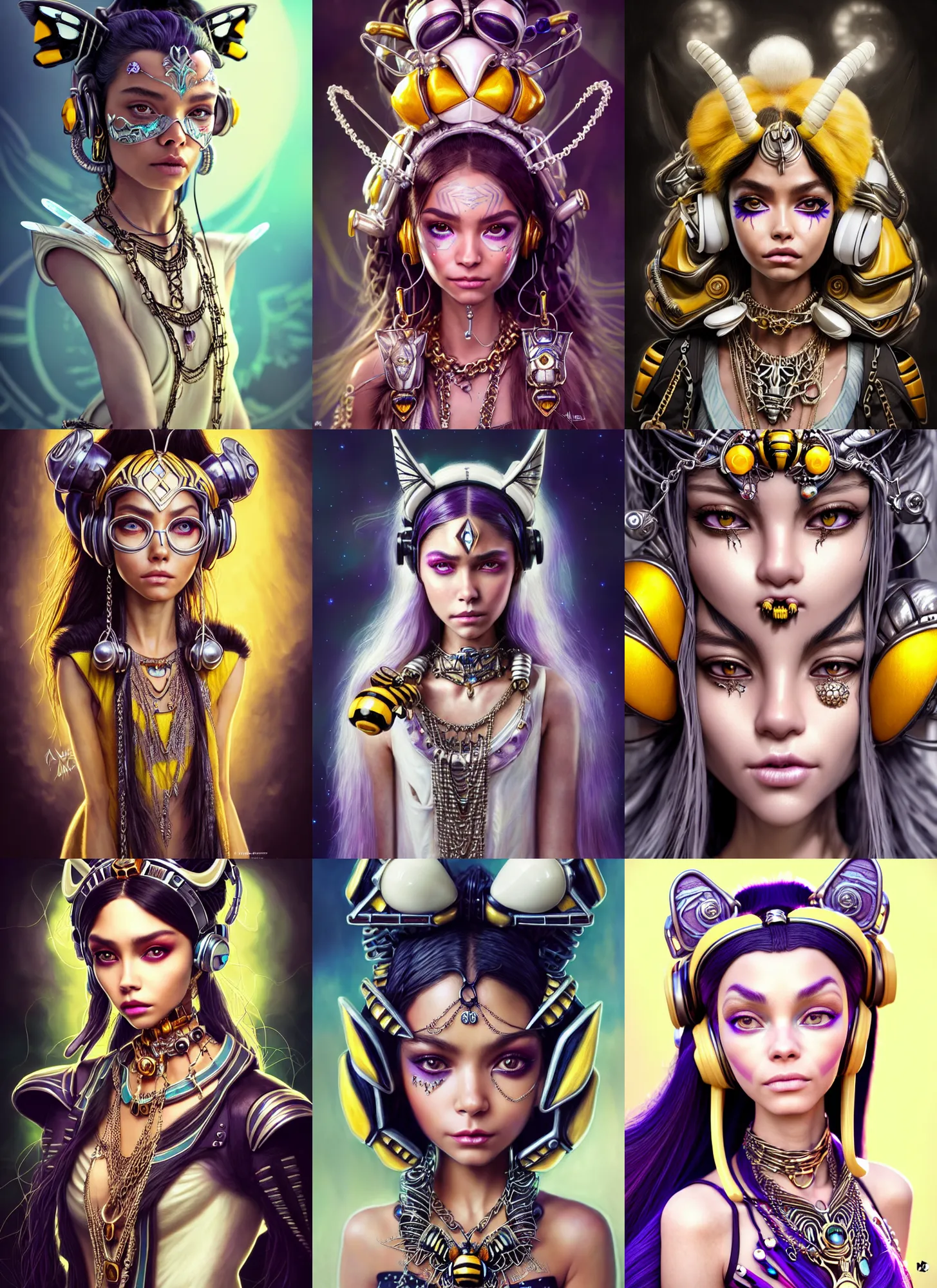 Prompt: dreamworks weta portrait, beautiful lustrous ivory white edm clowncore bumblebee madison beer aztec woman, earbuds, chains, bling, sci - fi, fantasy, cyberpunk, intricate, decadent, highly detailed, digital painting, ever after high, octane render, artstation, concept art, smooth, sharp focus, illustration, art by artgerm, loish, wlop