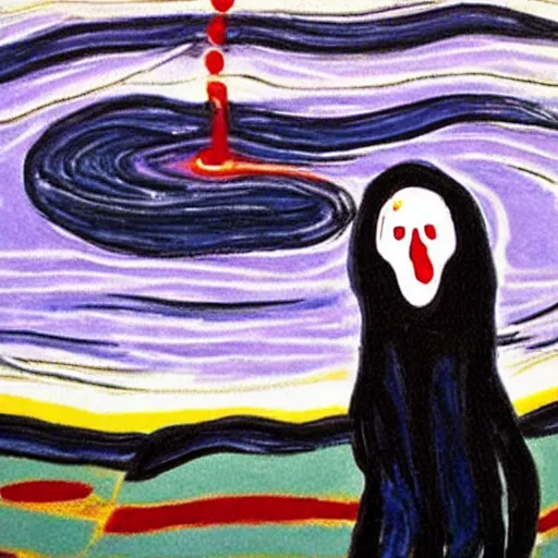 Image similar to the scream with a hat and raining on top of a hill