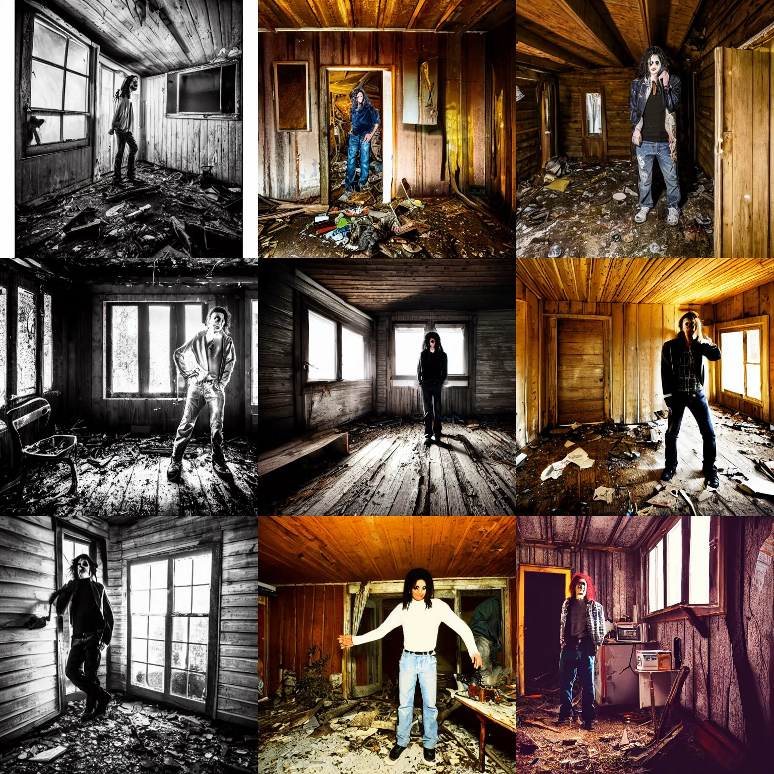 Prompt: Michael Jackson standing in an empty abandoned cabin, at night, a single light source, travel photography, night photography, junk everywhere, posters on the wall, broken windows, tentacles growing from the floor to the ceiling, motion blur, depth of field!