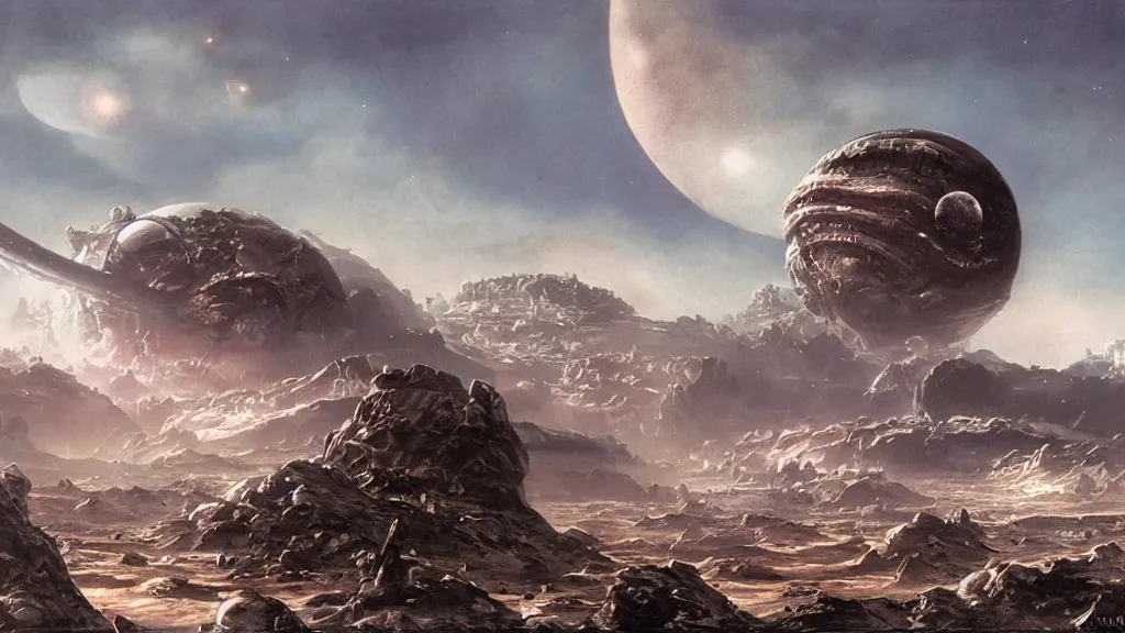 Prompt: alien planet, an empire in upheaval by arthur haas, cinematic matte painting