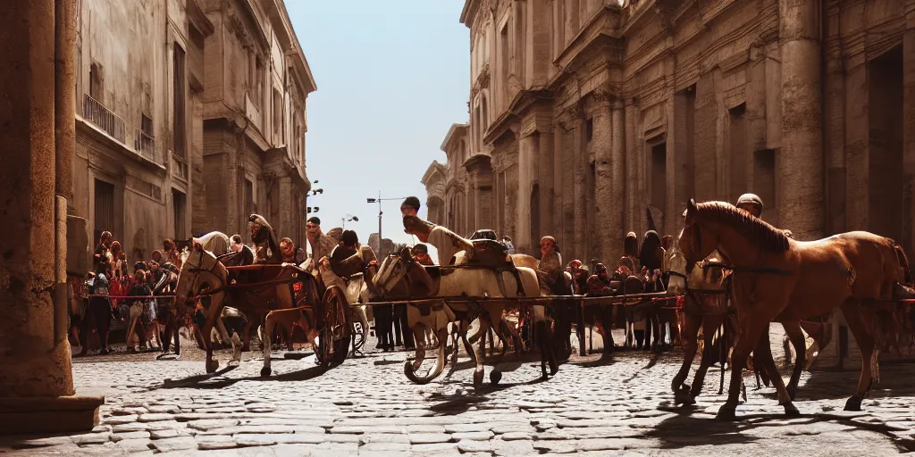 Image similar to low angle wide shot, street scene, ancient rome, mainly roman pedestrians, horses and roman soldiers, volumetric lighting, beautiful, day time, spring, sunny weather, sharp focus, highly detailed, photorealistic, 4 0 0 0 k, f 1. 4, cgsociety