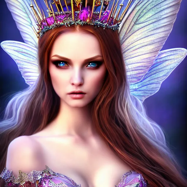 Image similar to beautiful adult fairy queen, highly detailed, 4 k, hdr, smooth, sharp focus, high resolution, award - winning photo, anne stokes, photorealistic, hyper realistic