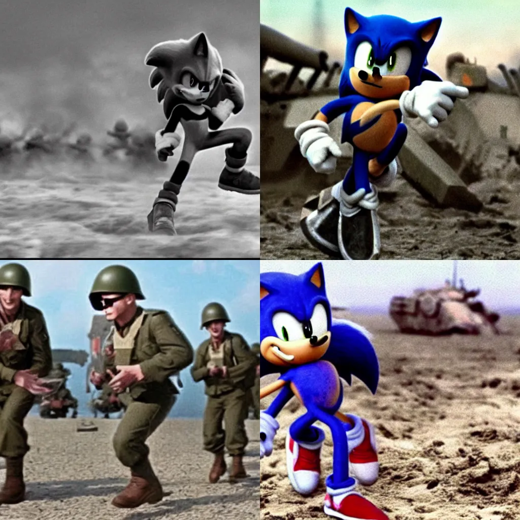 Prompt: Sonic The Hedgehog in Saving Private Ryan storming Normandy beach as a ww2 soldier