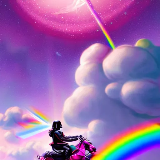 Image similar to beautiful matte painting, rainbow colored pink pink darth vader costume wearing pink wearing pink, riding a unicorn, riding a unicorn, riding a unicorn over a glittering rainbow in space by lisa frank and dan mumford, octane render, HDR, vivid color, volumetric lighting, unreal engine, concept art, CGsociety, trending on artstation