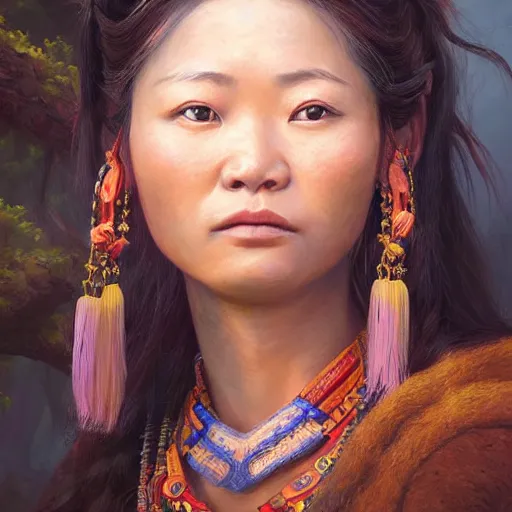 Image similar to portrait of a young pangcah people woman ( 3 5 ) from taiwan in 2 0 2 1, an oil painting by ross tran and thomas kincade