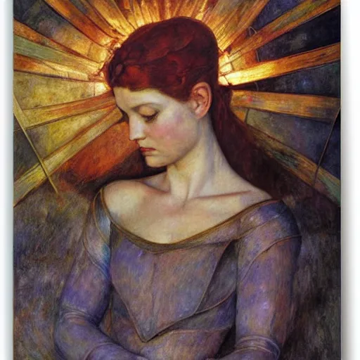 Image similar to the android in her iron crown after the storm, by Annie Swynnerton and Diego Rivera, symbolist, dramatic lighting, elaborate geometric ornament, Art Brut ,god rays, soft cool colors,smooth, sharp focus, extremely detailed, Adolf Wölfli