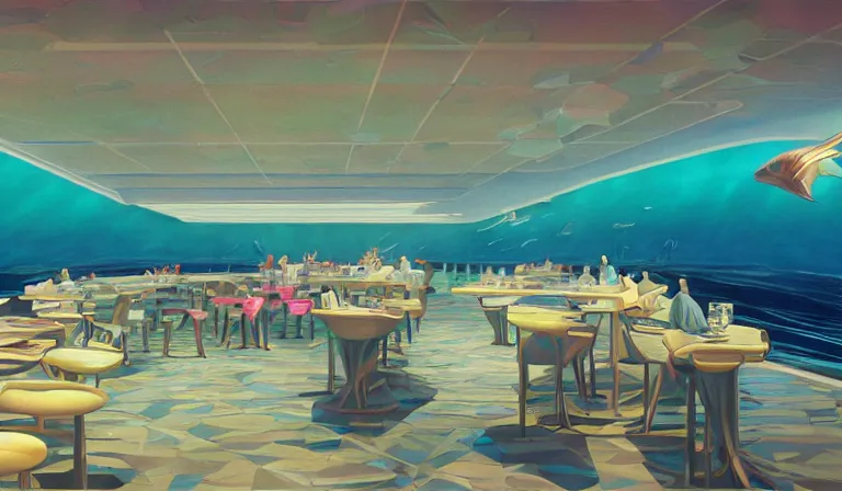 Image similar to a beautiful, sharp focus, clean lines. the interior of an art deco undersea restaurant. vaporwave ombre rendering. outrun style. fish. neon backlit jellyfish. trending on artstation. recommended for you behance. by chris moore. by edward hopper. ambient occlusion. digital matte painting. metropolis filmic. gotham city.