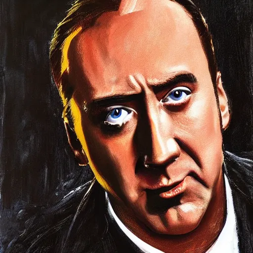 Image similar to nic cage as lex luther, buff, painted portrait, highly detailed,