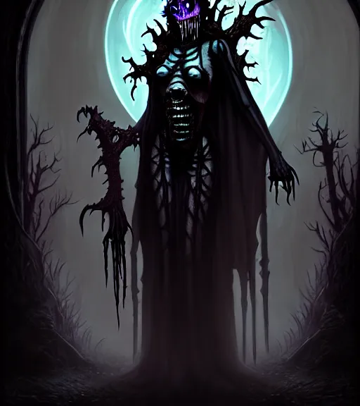 Image similar to gothic necrolord female with zombie servents, digital painting, liminal eerie midnight backlit, a picture taken by Michael Komarck and Daniel Ljunggren