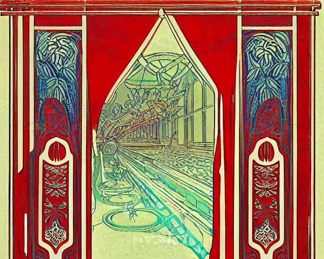 Image similar to symmetrical mural painting from the early 1 9 0 0 s in the style of art nouveau, red curtains, art nouveau design elements, art nouveau ornament, scrolls, flowers, flower petals, rose, opera house architectural elements, mucha, masonic symbols, masonic lodge, joseph maria olbrich, simple, iconic, masonic art, masterpiece