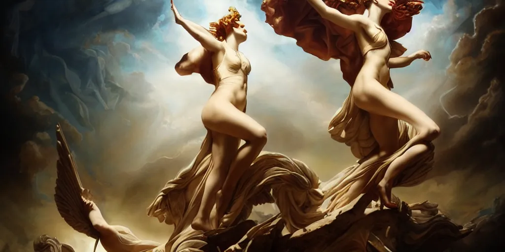 Image similar to greek mythology, by Rolf Armstrong and Evelyn De Morgan and Bastien Lecouffe-Deharme, dramatic lighting, high contrast colors, baroque, empyrean, panoramic view, as trending on Artstation, highly detailed, doom engine,