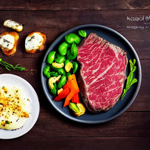 Image similar to advertising photography of a delicious large seasoned steak, topped with melted mozzarella cheese, and a side of seasoned vegetable medley, all served on a wooden table, spot, lighting, dark background
