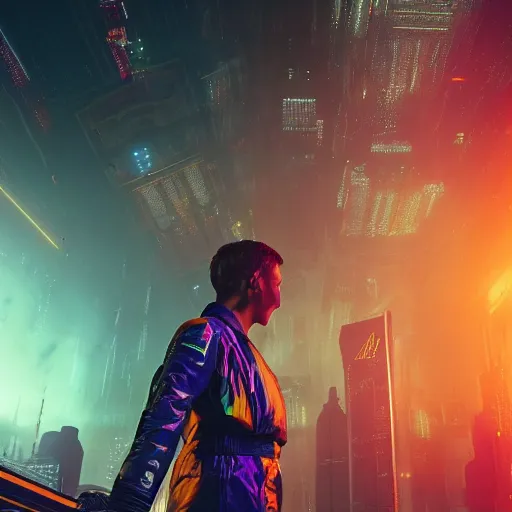 Image similar to professional photo of astronaut from low angle shot with cyberpunk city on background, blade runner, hyperrealistic masterpiece, trending on artstation, cgsociety, kodakchrome, golden ratio, cinematic, composition, beautiful lighting, hyper detailed, sharp focus, octane render, 4 k, unreal engine