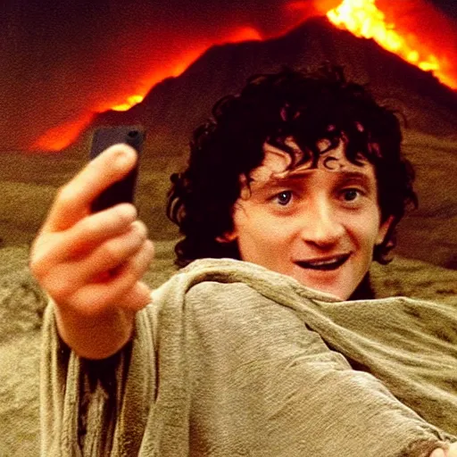 Prompt: Frodo taking a selfie after destroying the one Ring at Mount Doom, photograph, go pro, fire , lava, self portrait, in the style of the Lord of the Rings movies