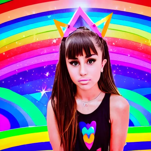 Image similar to 35mm macro shot portrait of an extremely cute and adorable Prismatic Spectrum Cosmic Magical Girl Ariana Grande Selena Gomez Miley Cyrus Miranda Cosgrove from the Rainbow Sky Paradise playing Dance Dance Revolution at Eurovision and Tomorrowland, large piercing eyes, smirk, flat vector art