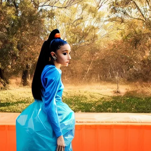 Prompt: the 2 0 2 2 award winning photo of ariana grande wearing a trash bag, cinematic, atmospheric, vivid, colorful, orange & teal, susan worsham photograph