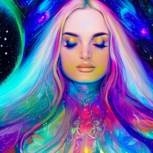 Image similar to a silk portrait of kim petras with her eyes closed, galaxy colored psychedelic chakra awakening kundalini ethereal vibes, transcending to a higher plane of existence, eternal blessing, multiverse, visionary art, by android jones, artstation, deviantart