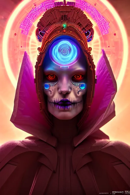 Image similar to ultra detailed female android deity, wearing a cloak, flower punk, scifi, fantasy, octane render, unreal engine, dia de los muertos, asymmetrical intricate concept art, triadic color, art by artgerm and greg rutkowski and alphonse mucha, 8 k