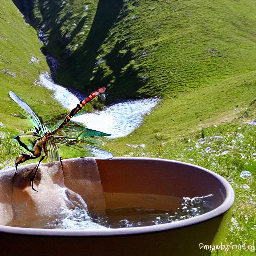 Image similar to dragonfly in a bathtub in the alps, big ibex!! in the background