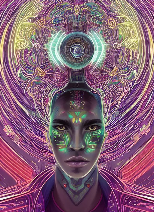 Image similar to one centered screen portrait of a future metaverse ayahuasca tech shaman warrior, 2 d cartoon, visionary art, symmetric, magick symbols, holy halo, shipibo patterns, sci - fi, concept art, trending on art station, 8 k digital art, by mandy jurgens, fantasy portrait art, anime