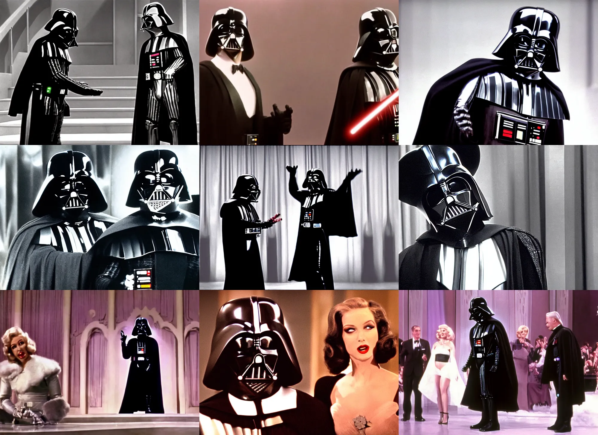 Prompt: film still of Darth Vader singing Diamonds Are a Girl's Best Friend in the movie Gentlemen Prefer Blondes, 4k