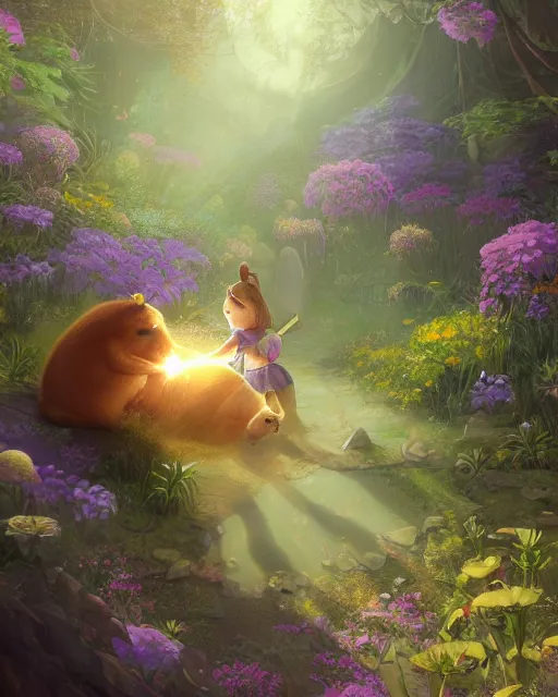 Prompt: Capybara playing Guitar in magical forest, portrait, flowers, flower dress, magic the gathering artwork, D&D, fantasy, cinematic lighting, centered, symmetrical, highly detailed, digital painting, artstation, concept art, smooth, sharp focus, illustration, volumetric lighting, epic Composition, 8k, art by Akihiko Yoshida and Greg Rutkowski and Craig Mullins, oil painting, cgsociety