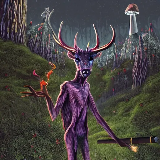 Image similar to 4 k headshot portrait of a psychedelic demonic anthropomorphic deer - horned wendigo smoking a hand - rolled cigarette smoking heavily, magic mushroom village in background. award winning. superb resolution. in the art style of junji ito and greg rutkowski. detailed mushroom city in background. hyper realistic anime. perfect art. dalle 2