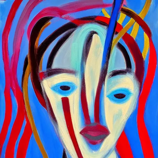 Image similar to abstract expressionist oil painting of a face surrounded by abstract ribbons, blue color palette