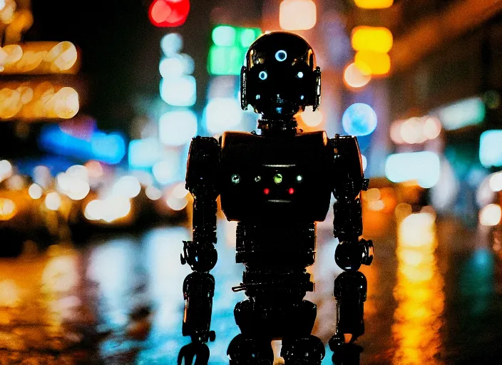 Prompt: a 2 8 mm macro kodachrome photo of a metallic cyborg droid with glowing lights, walking alone on a rainy night in the city in the 1 9 5 0's, seen from a distance, bokeh, canon 5 0 mm, cinematic lighting, film, photography, golden hour, depth of field, award - winning, neon, cyberpunk