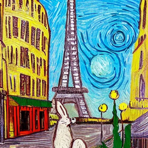 Image similar to a rabbit sitting on a street in paris, the eiffel tower is visible in the background, in the style of van gogh