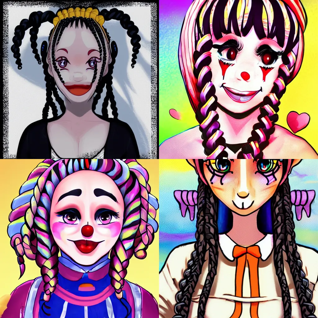 Prompt: Clown Girl with braids, jogging + large lips + hime cut + featured on Pixiv