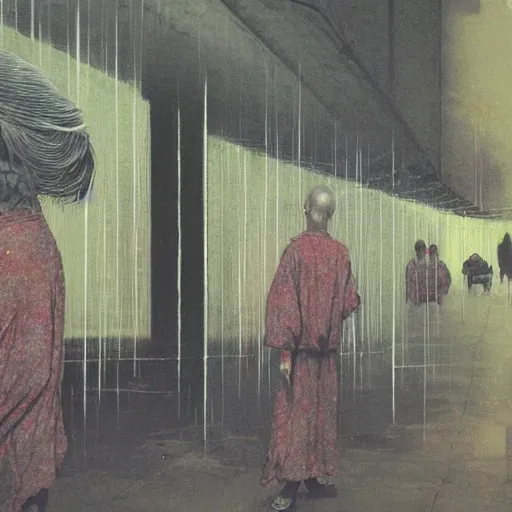 Image similar to a some people waiting in a lone bus stop in quiet dark city night, high quality, high resolution,detailed,Beksinski painting, part by Adrian Ghenie and Gerhard Richter. art by Takato Yamamoto. masterpiece