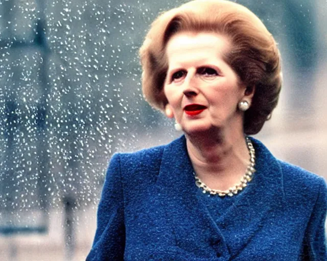 Prompt: margaret thatcher covered in rain wearing bikini, atmospheric moody hyper realistic award winning color cinematic still 8 k