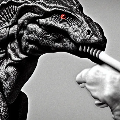 Image similar to dinosaur smoking a cigarette in their mouth realistic hdr professional shot