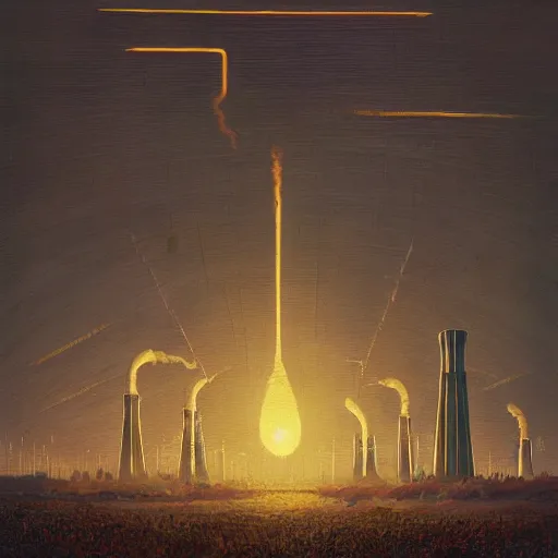 Image similar to highly detailed scene, artstation style, artstation form, A nuclear power plant in utopia by Simon Stålenhag and Grant Wood, oil on canvas