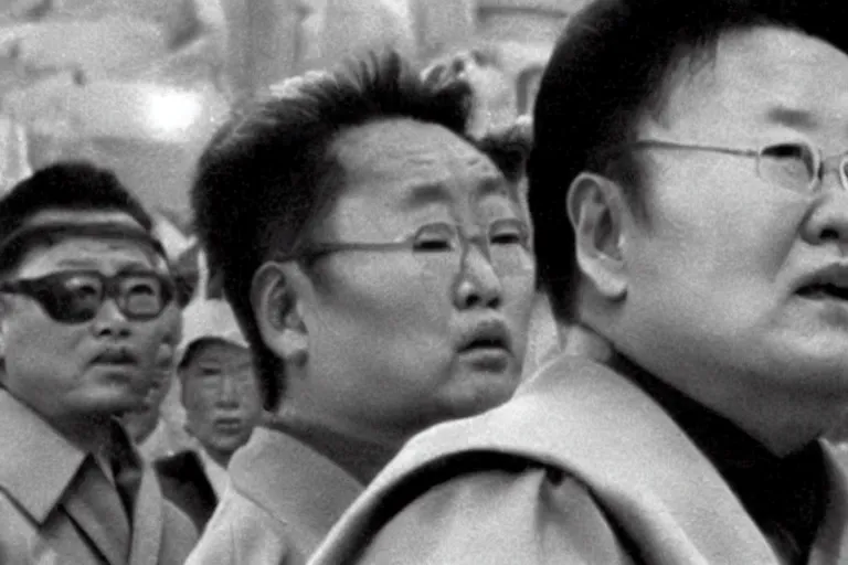 Prompt: a filmstill of Kim Jong-il looking at Starro Kaiju monster destroying Pyongyang, in Rashōmon by Akira Kurosawa (1950), traditional Korean city, palace, epic ultrawide shot, cinémascope