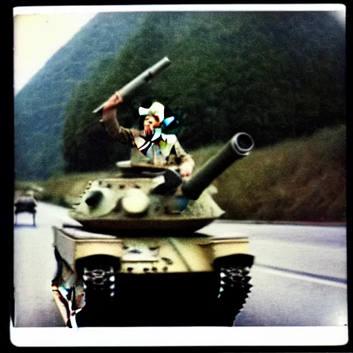 Image similar to polaroid photo of a person looking like donald trump as a soldier in vietnam, riding tank