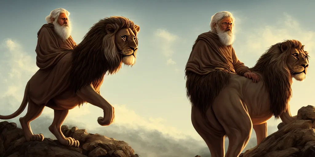 Prompt: hooded wise old man ( long white beard wearing a brown tunic ), riding majestically, on a beautiful lions back, epic digital art, cinematic, trending on artstation, superb detail 8 k, wide - angle, masterpiece