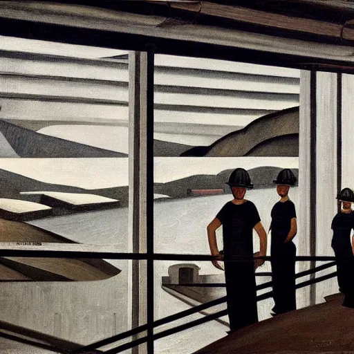 Image similar to hydroelectric dam interior, turbines, workers in hardhats, grant wood, pj crook, edward hopper, oil on canvas