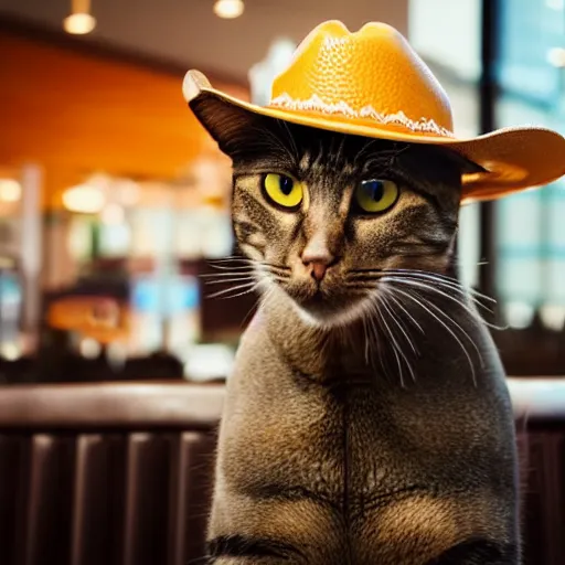 Image similar to a cat drinking soda in a restaurant with a cowboy hat on his head