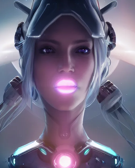 Image similar to perfect android girl on a mothership, warframe armor, beautiful face, scifi, futuristic, galaxy, nebula, raytracing, dreamy, long white hair, blue cyborg eyes, sharp focus, cinematic lighting, highly detailed, artstation, divine, by gauthier leblanc, kazuya takahashi, huifeng huang