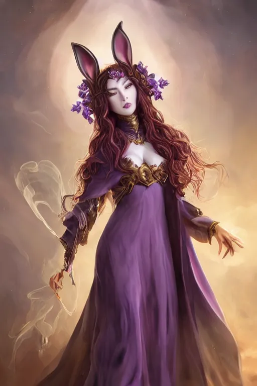 Prompt: Beautiful lady with bunny ears, tall, Evoker robes, dark purple, coverd, smoke energy, strange creatures, high fantasy, heroic, detailed face, white skin, red hair, curly hair, golden circlet, no extra ears, by Leng Jun,ornamental rober, symmetry, trending on artstation, artstationHD, artstationHQ, deviantart, matte painting, colorful