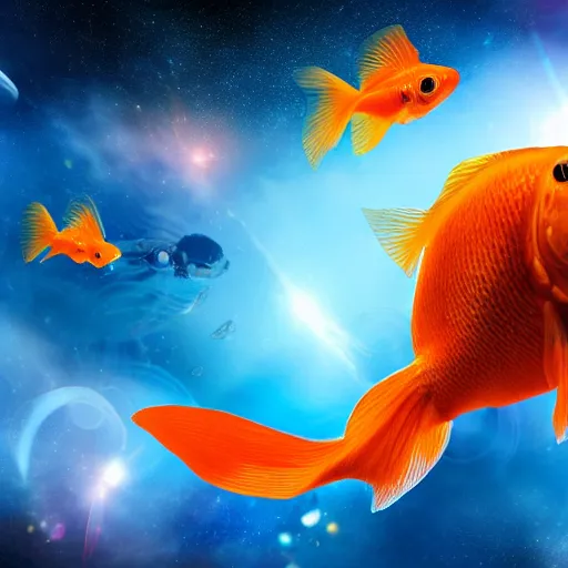 Image similar to a goldfish piloting a spaceship in outer space, intricate detail, epic composition, cosmic, futuristic 4 k,