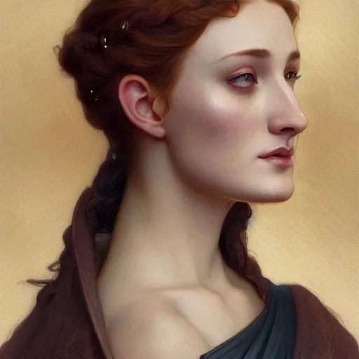 Image similar to portrait of beautiful sansa stark, intricate, elegant, highly detailed, digital painting, artstation, concept art, smooth, sharp focus, illustration, art by artgerm and greg rutkowski and alphonse mucha and william - adolphe bouguereau