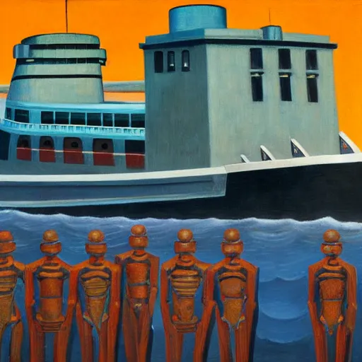 Image similar to robot bishop guards, human prisoners, art deco steamliner prison barge, end times, grant wood, pj crook, edward hopper, oil on canvas